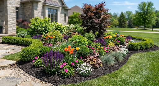 Layered flowers and shrubs in a residential planting bed